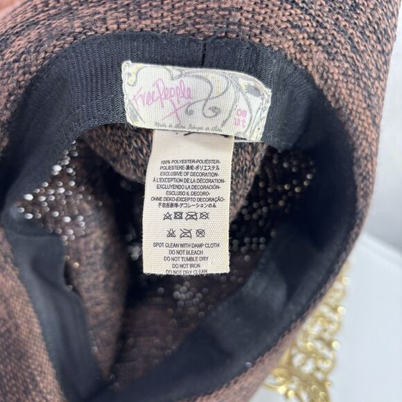 VTG Free People Bucket Hat Women OS Black Brown Polyester Jute Knot Design Tie - Picture 2 of 11